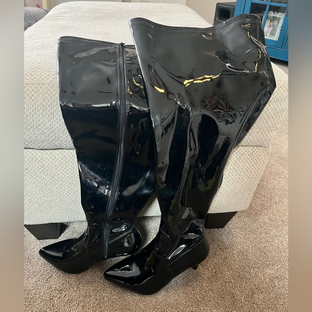 Tall black over the knee boots - patent leather like - size 9 - 3” heel